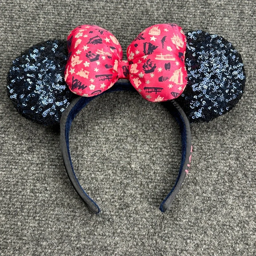 Disney Parks Minnie Classic Attractions Pink Bow Navy Blue‎ Headband Ears 2019